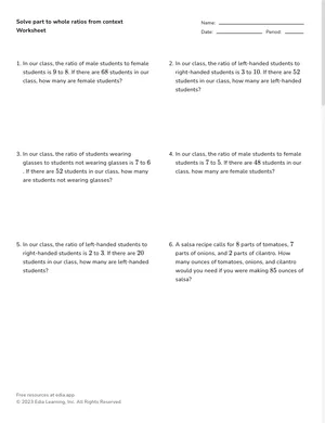 Solve part to whole ratios from context worksheet preview