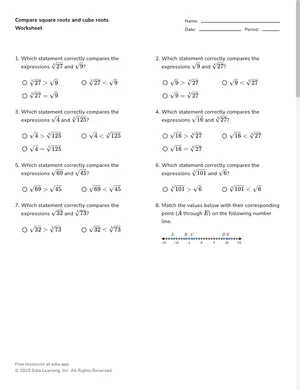 Compare square roots and cube roots worksheet preview