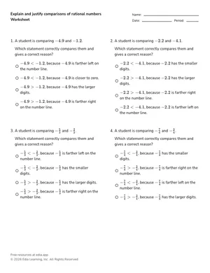 Explain and justify comparisons of rational numbers worksheet preview