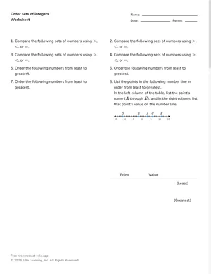 Order sets of integers worksheet preview