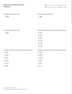 Square roots with perfect squares worksheet preview