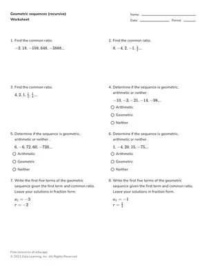 Geometric sequences (recursive) worksheet preview