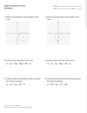 Apply the equation of circles worksheet preview