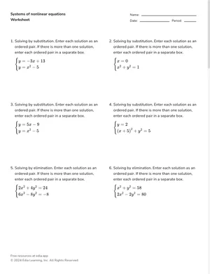 Systems of nonlinear equations worksheet preview