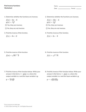 Find inverse functions worksheet preview