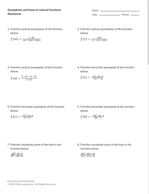 Horizontal and Oblique asymptotes of rational functions worksheet preview