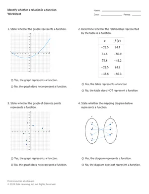 Identify whether a relation is a function worksheet preview
