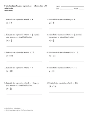 Evaluate absolute value expressions — intermediate with substitution worksheet preview