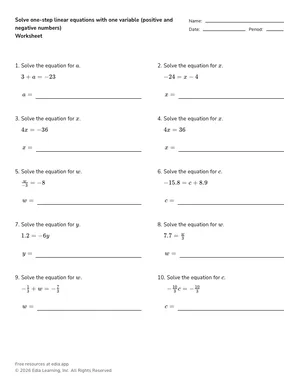 Solve one-step linear equations with one variable (positive and negative numbers) worksheet preview