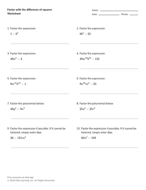 Factor with the difference of squares worksheet preview