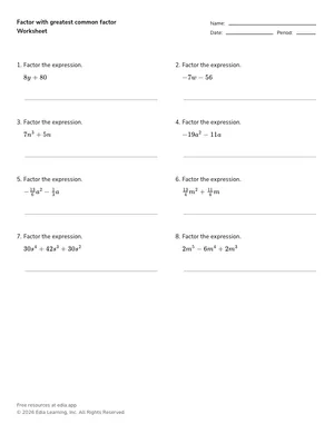 Factor with greatest common factor worksheet preview