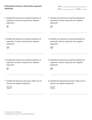 Find quotient of powers with positive exponents worksheet preview