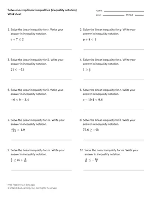 Solve one-step linear inequalities (inequality notation) worksheet preview