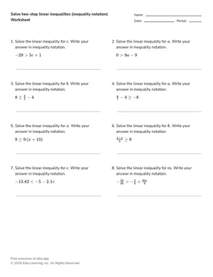 Solve two-step linear inequalities (inequality notation) worksheet preview