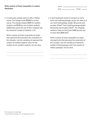 Write systems of linear inequalities in context worksheet preview