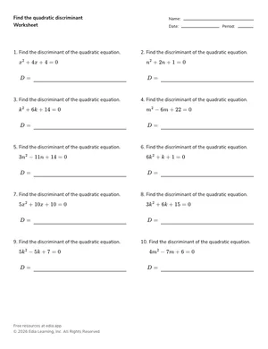 Find the quadratic discriminant worksheet preview