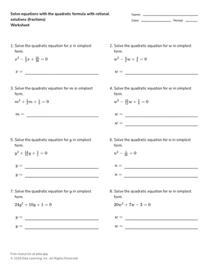 Solve equations with the quadratic formula with rational solutions (fractions) worksheet preview