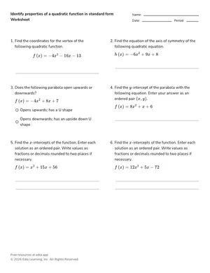 Identify properties of a quadratic function in standard form worksheet preview