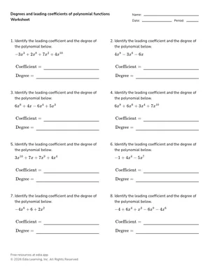 Degrees and leading coefficients of polynomial functions worksheet preview