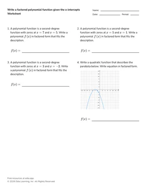 Write a factored polynomial function given the x-intercepts worksheet preview