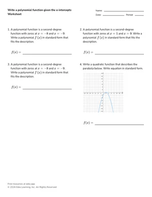 Write a polynomial function given the x-intercepts worksheet preview