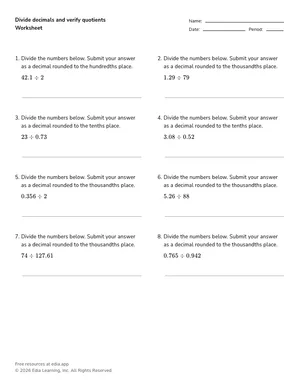 Divide decimals and verify quotients worksheet preview