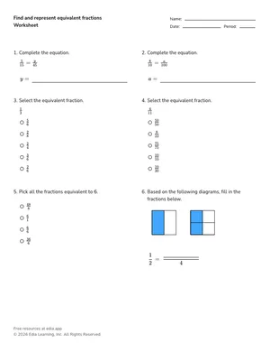 Find and represent equivalent fractions worksheet preview