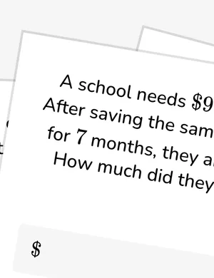 Solve division word problems with a shortfall worksheet preview