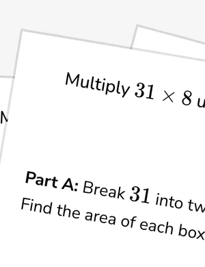 Multiply whole numbers with area models (with distributive form) worksheet preview