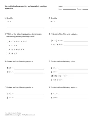 Use multiplication properties and equivalent equations worksheet preview