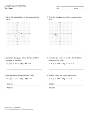 Apply the equation of circles worksheet preview