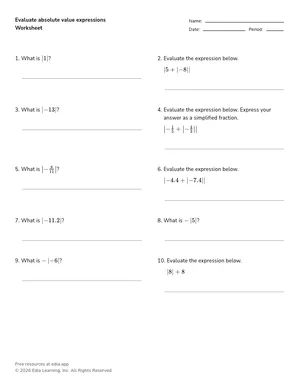 Evaluate absolute value expressions worksheet preview