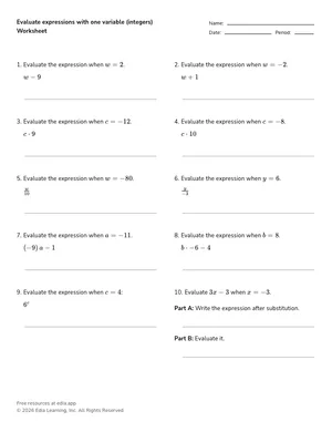 Evaluate expressions with one variable (integers) worksheet preview