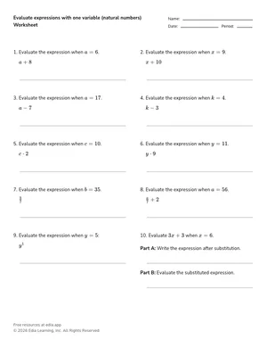 Evaluate expressions with one variable (natural numbers) worksheet preview