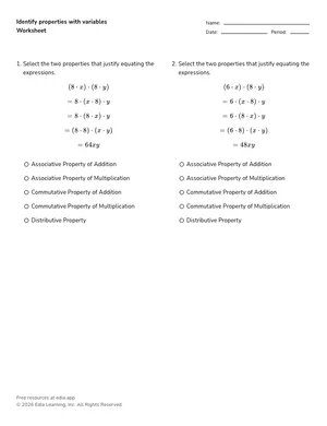 Identify properties with variables worksheet preview