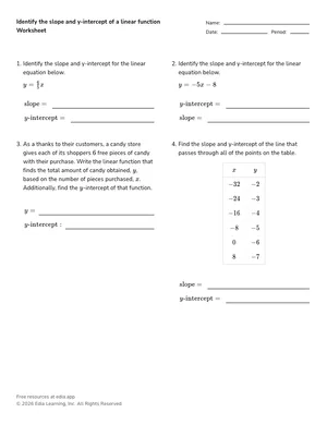Identify the slope and y-intercept of a linear function worksheet preview