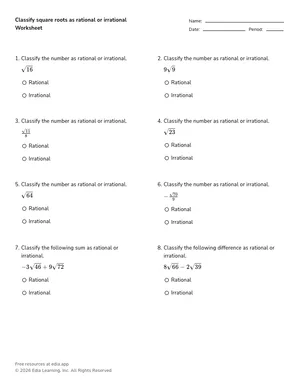 Classify square roots as rational or irrational worksheet preview
