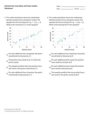 Interpret two-way tables and linear models worksheet preview