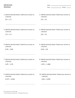 Add decimals worksheet preview