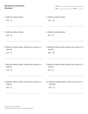Add decimals and fractions worksheet preview