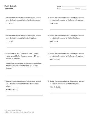 Divide decimals worksheet preview