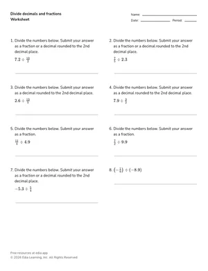 Divide decimals and fractions worksheet preview