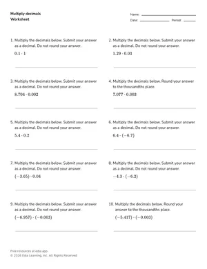 Multiply decimals worksheet preview