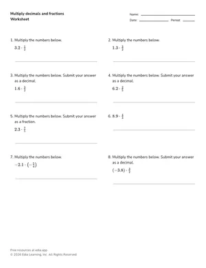 Multiply decimals and fractions worksheet preview