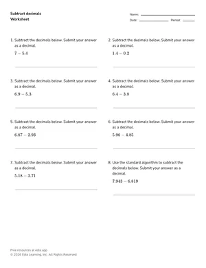 Subtract decimals worksheet preview