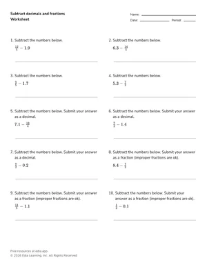 Subtract decimals and fractions worksheet preview
