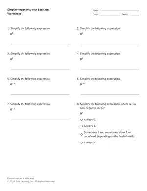 Simplify exponents with base zero worksheet preview