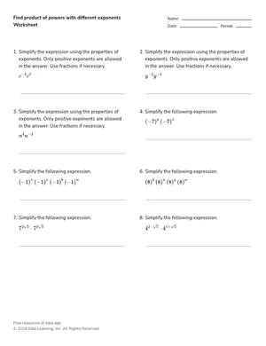 Find product of powers with different exponents worksheet preview