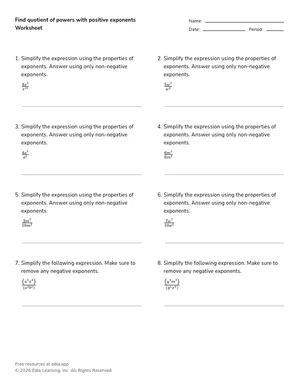Find quotient of powers with positive exponents worksheet preview