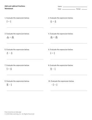Add and subtract fractions worksheet preview